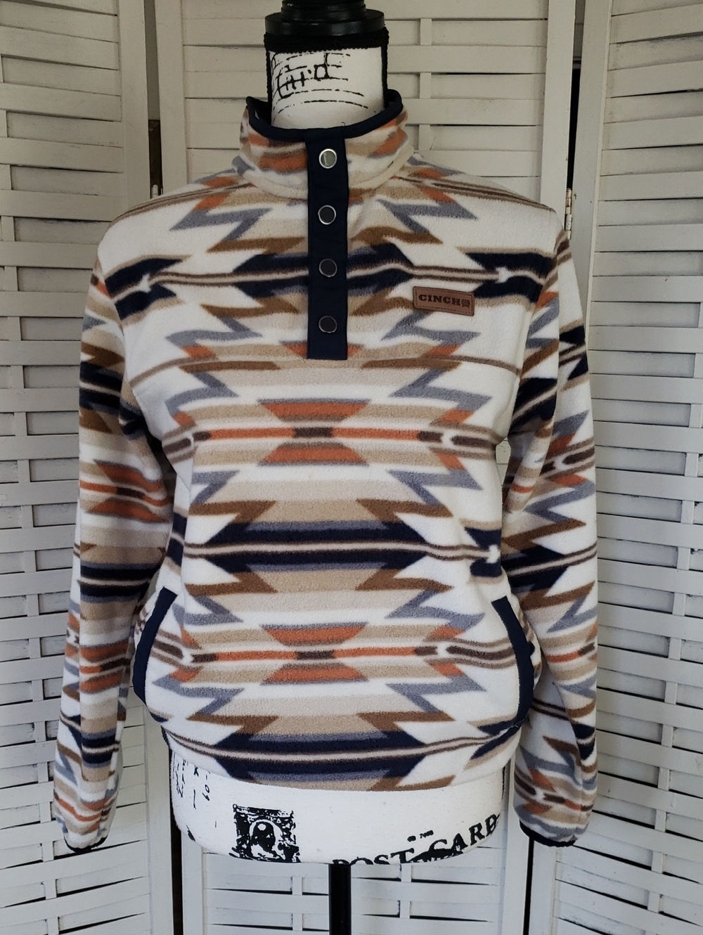 Cinch Aztec-Print Snap Pullover Sweater - Cream/Tan/Blue Youth Size 12